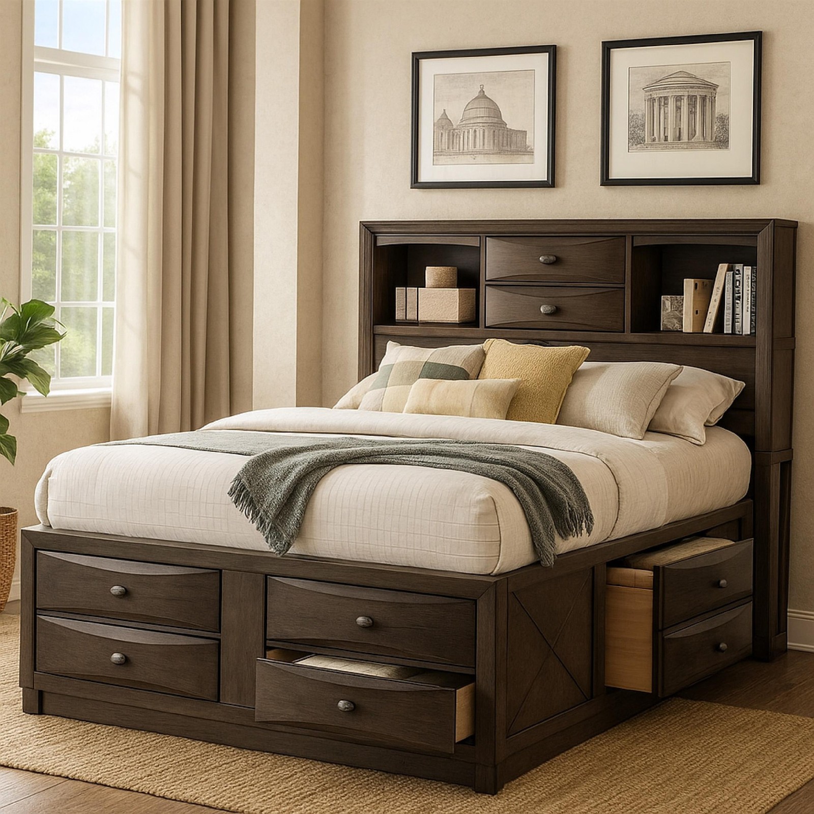 Simo Queen Bed-Bookcase Headboard-Storage Drawers-Gray