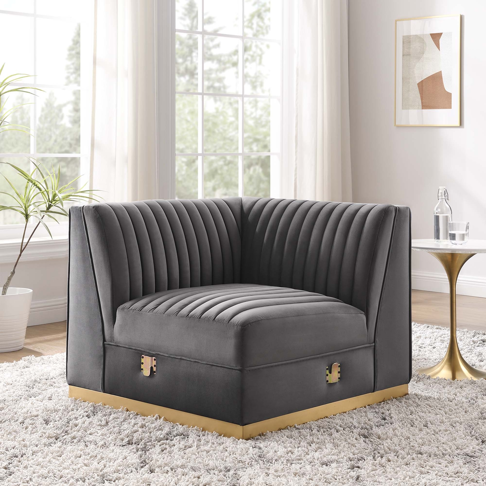 Sanguine Channel Tufted  Velvet Modular Sectional Sofa Left Corner Chair in Gray