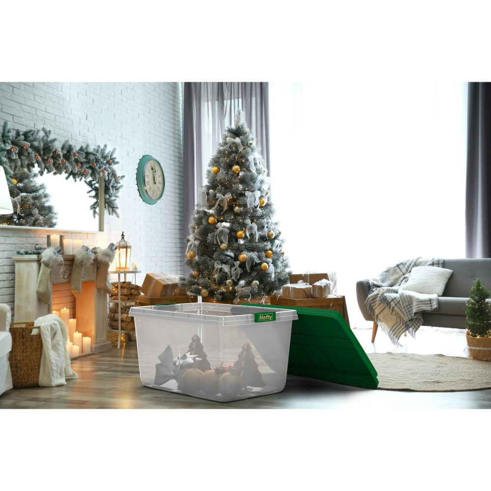 Hefty 72 Qt Clear Plastic Storage Bin, Green Hi-Rise Lid, Stackable Tote, 6 Pack
