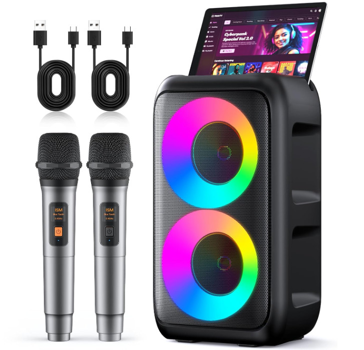 Máquina de Karaoke Bluetooth con 2 Micrófonos Inalámbricos y Luces LED. Nuevo