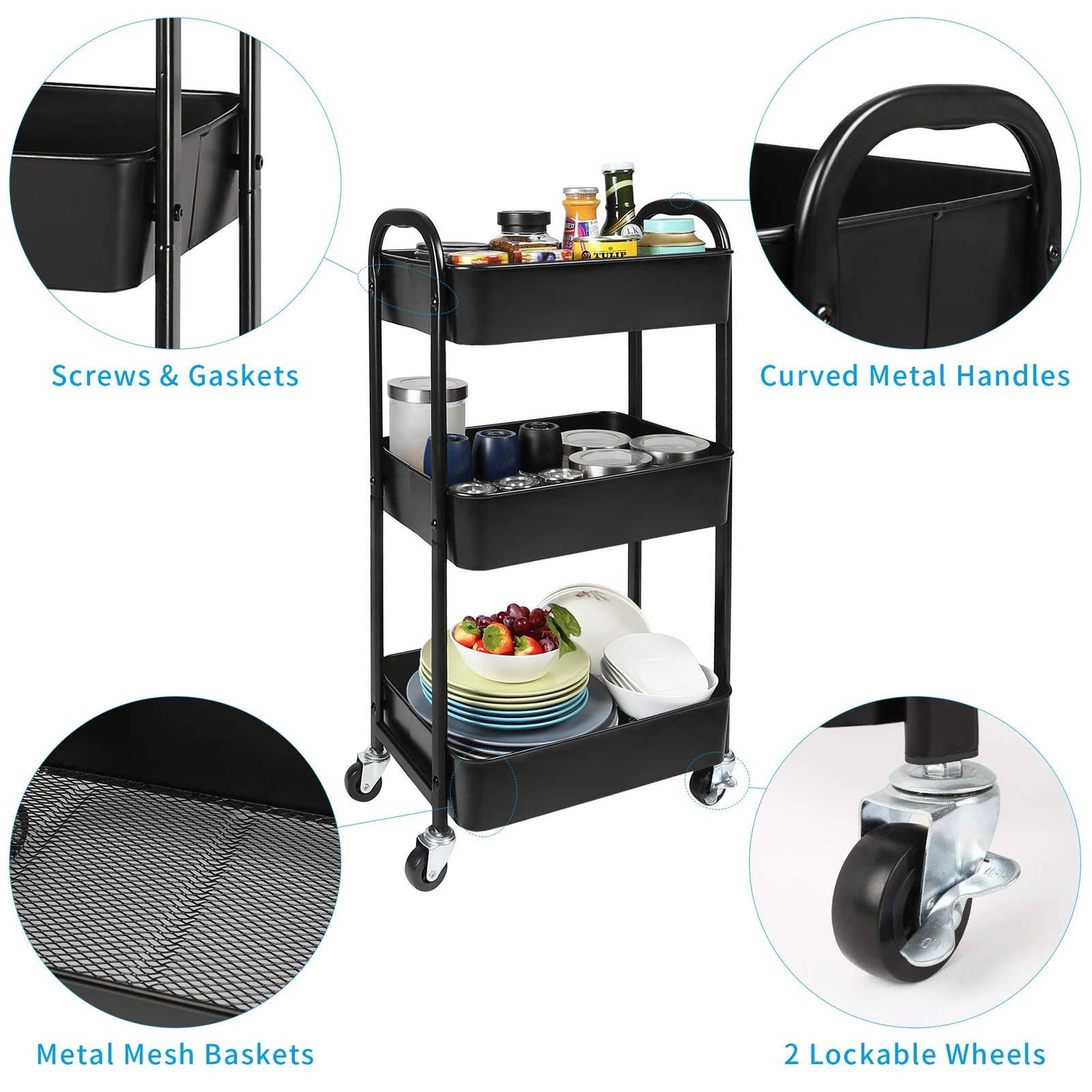 3-Tier Rolling Utility Cart with Caster Wheels,Easy Assembly, for Kitchen, Ba...