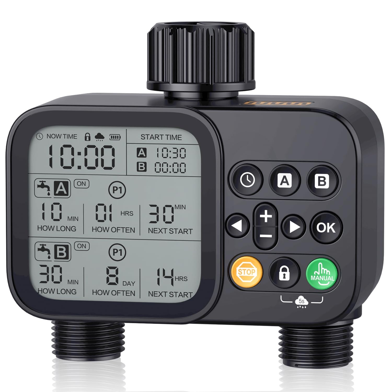 Programmable Dual Outlet Sprinkler Timer with Rain Delay for Garden Irrigation