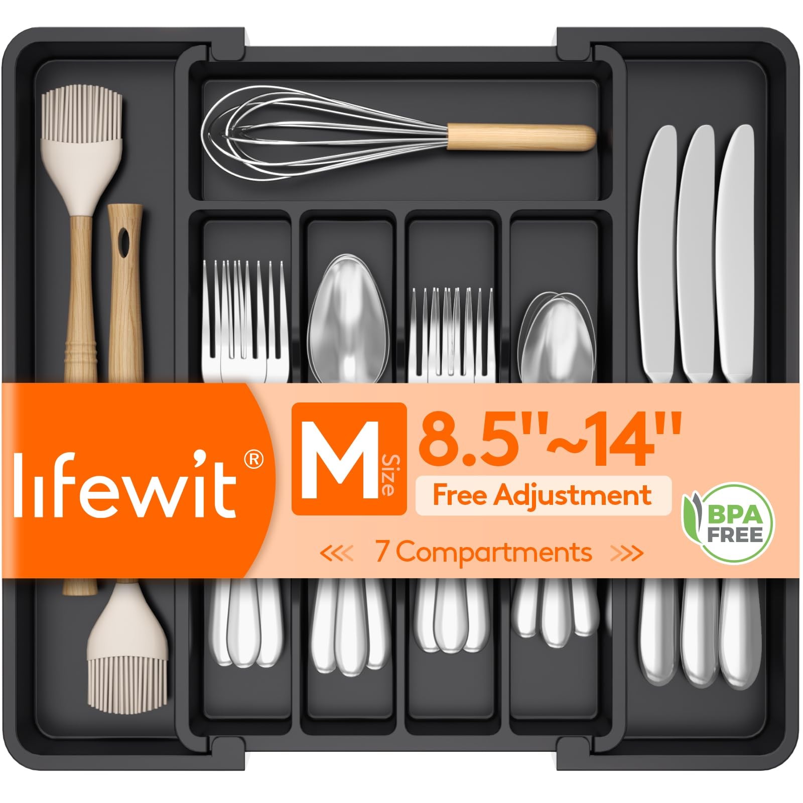 Lifewit Expandable Silverware Organizer, Medium (8.5-14''W x 12''D), Black