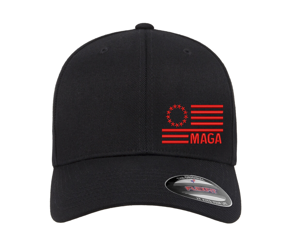Trump MAGA Flag Side Embroidered Patriotic Flexfit Hat + Free Sticker