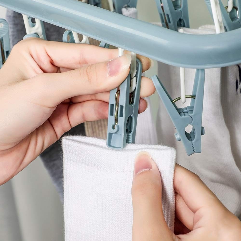 Clothes Drying Hanger with 32 Clips and Drip Foldable Hanging Rack (Light Blue)
