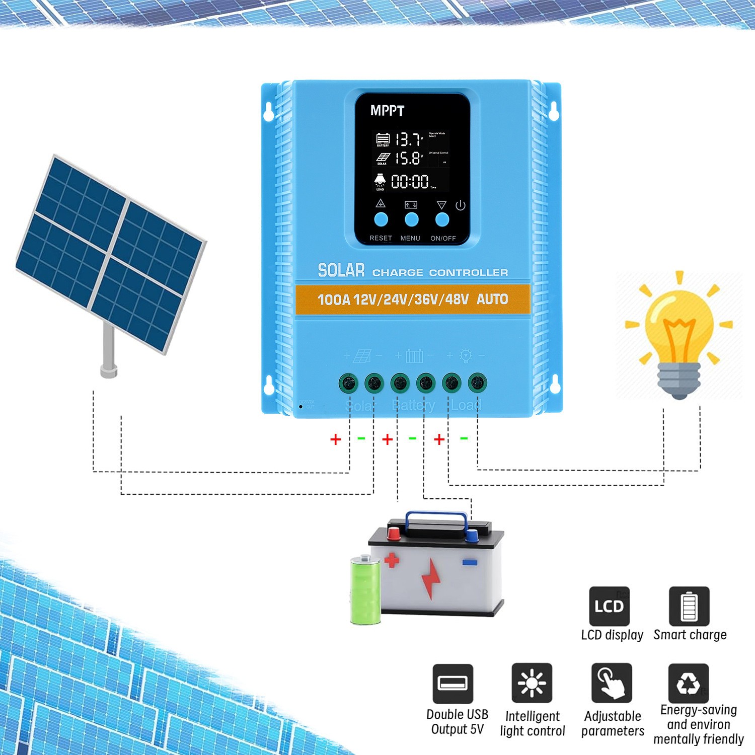 100A MPPT Solar Charge Controller 12V/24V/36V/48V Battery PV Regulator 4800W USB