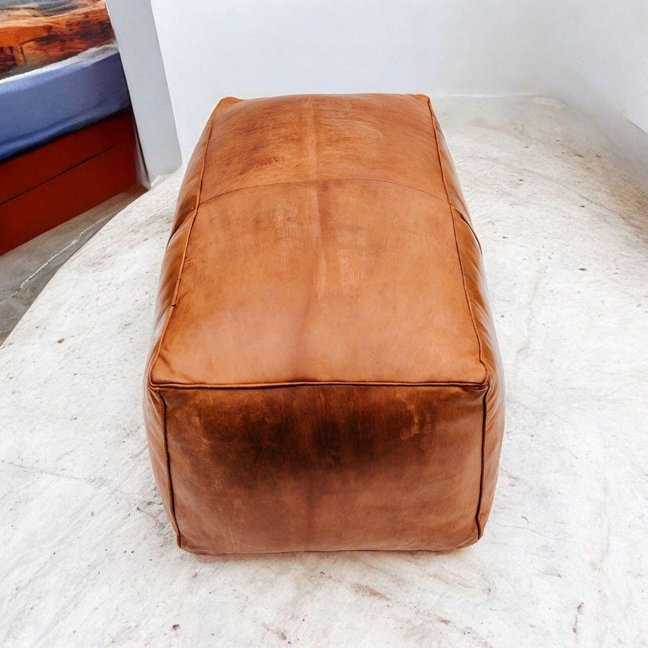 Rectangular Brown Leather Ottoman - Handmade Moroccan Pouf Footstool