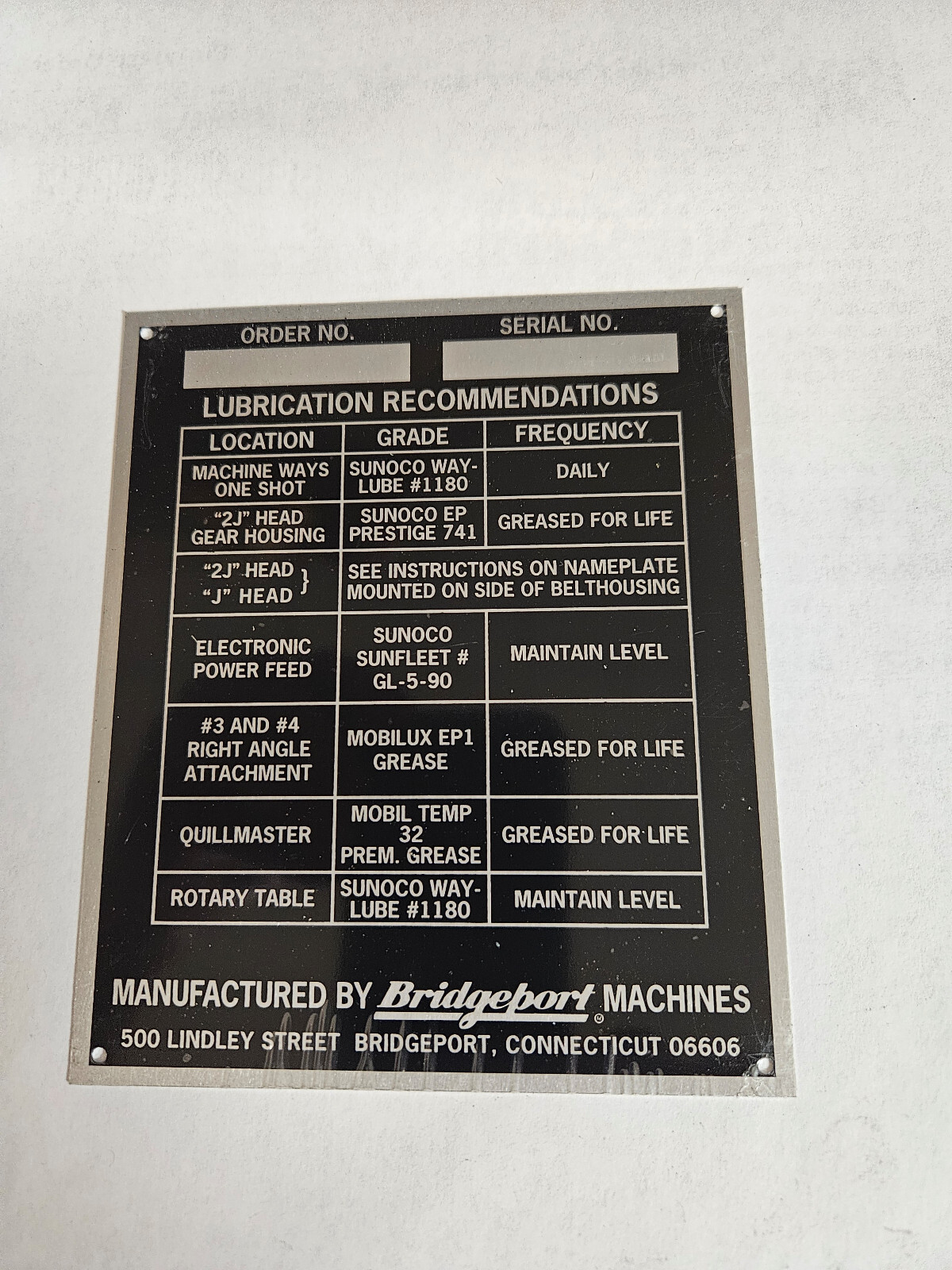 BRIDGEPORT LUBRICATION DATA PLATE (RARE)