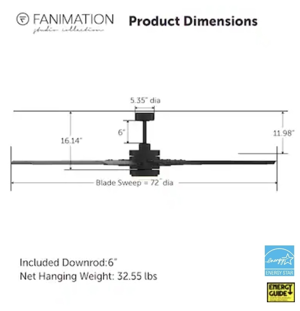 Fanimation Slinger v2 72-in Ceiling Fan with LED Light and Remote Control -Black