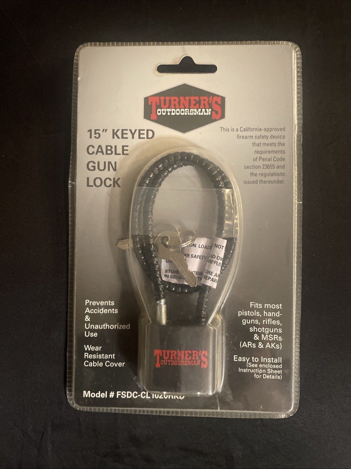 15” Keyed Cable Gun Lock Black Turners Firearm Safety Devices DOJ-Approved