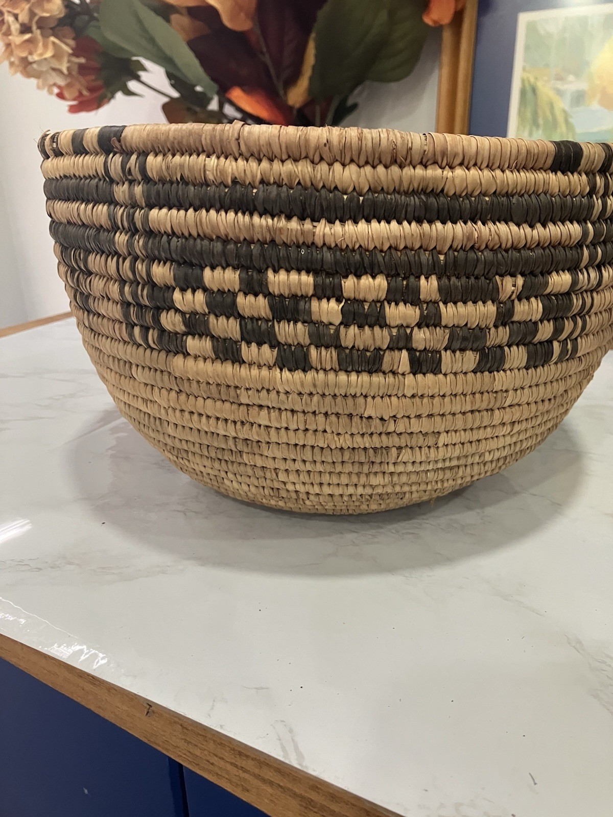 Handwoven Tribal Wicker Bread Basket Beige Black Geometric Pattern Round