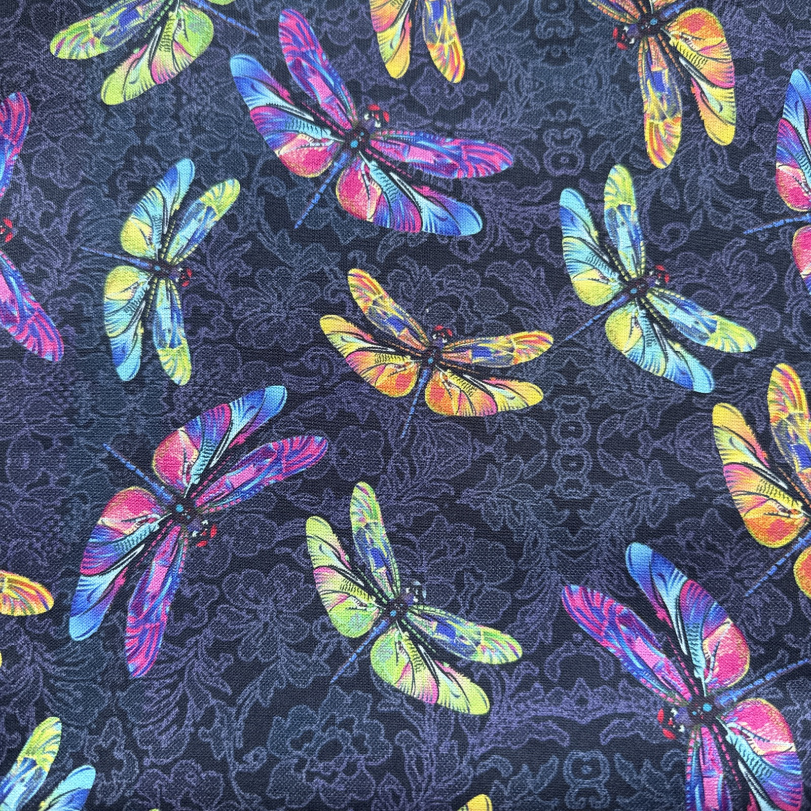 Fabric Colorful Dragonfly’s On Black Floral Design. 2 Yards Available SBTY