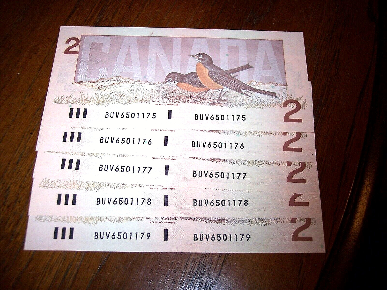 5 Consecutive $2 Bill Canadian Banknote Queen Elizabeth 1986 Banknote Two Dollar