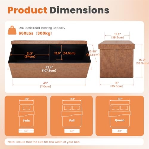 43 Inches Folding Ottoman with Storage Bench, 15.2"D x 43"W x 15.2"H Brown