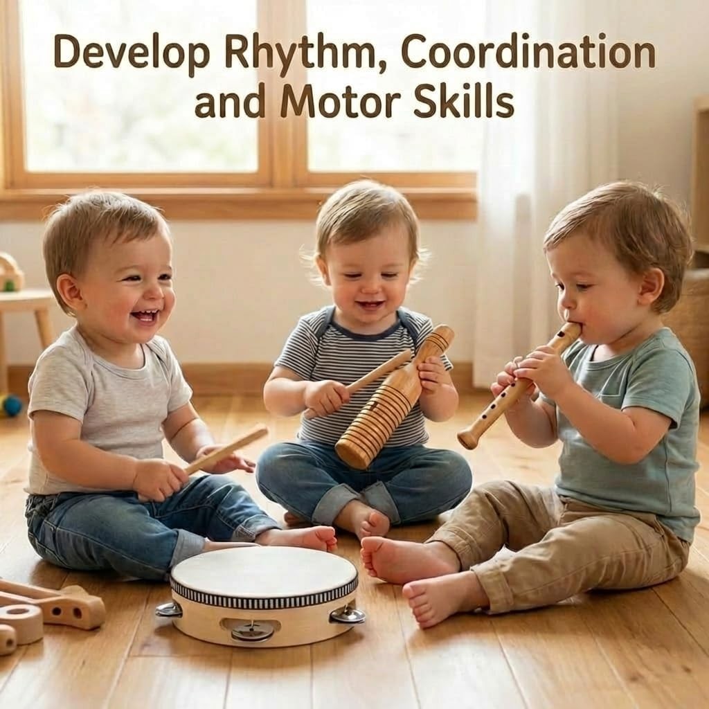 Wooden Toddler Musical Instruments with Drum, Hand Bells, Flute, Maracas, Cas...