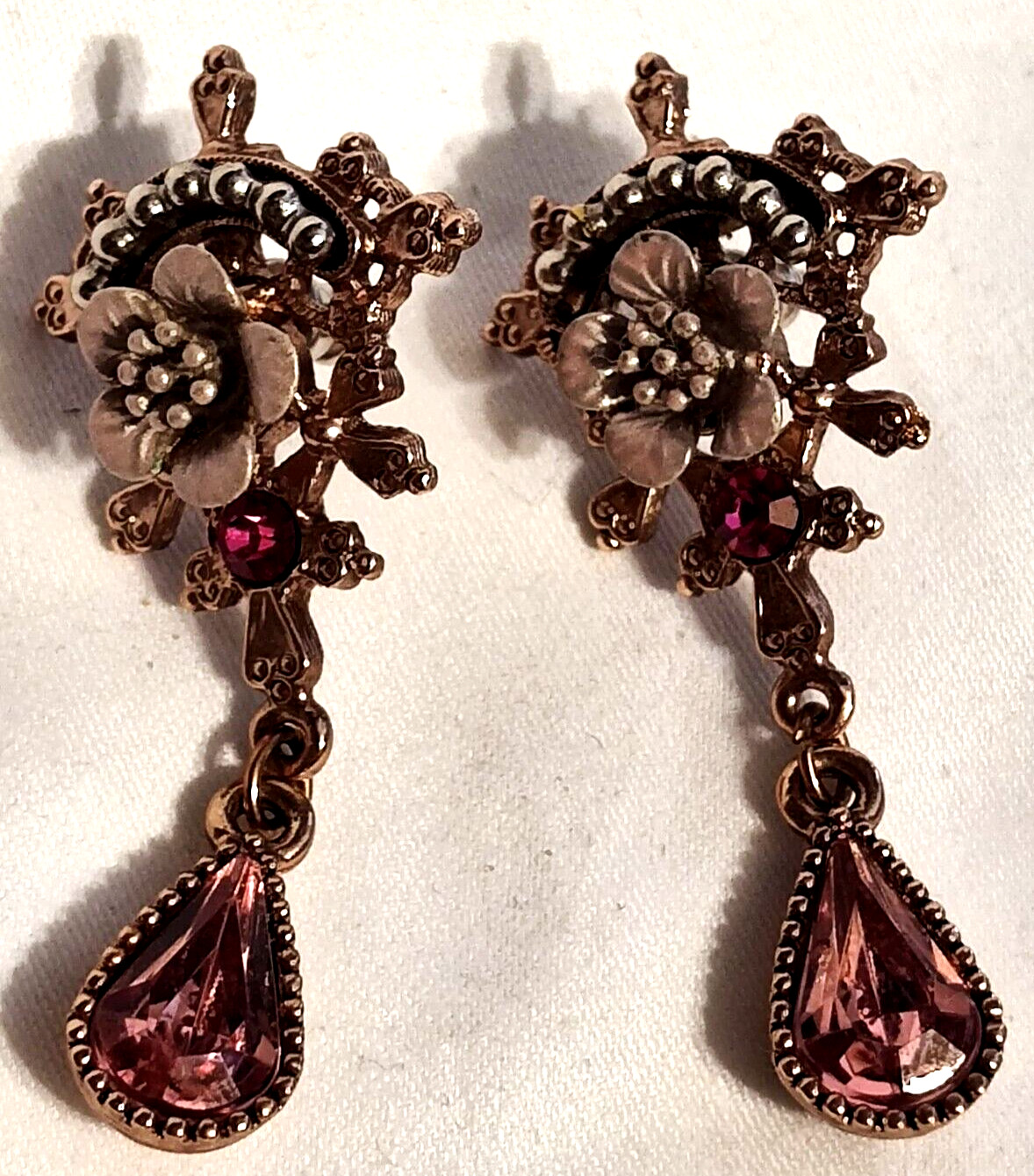Gold Tone Earrings Pierced Post Pink Stone Teardrop 2" Dangle VTG Enameled