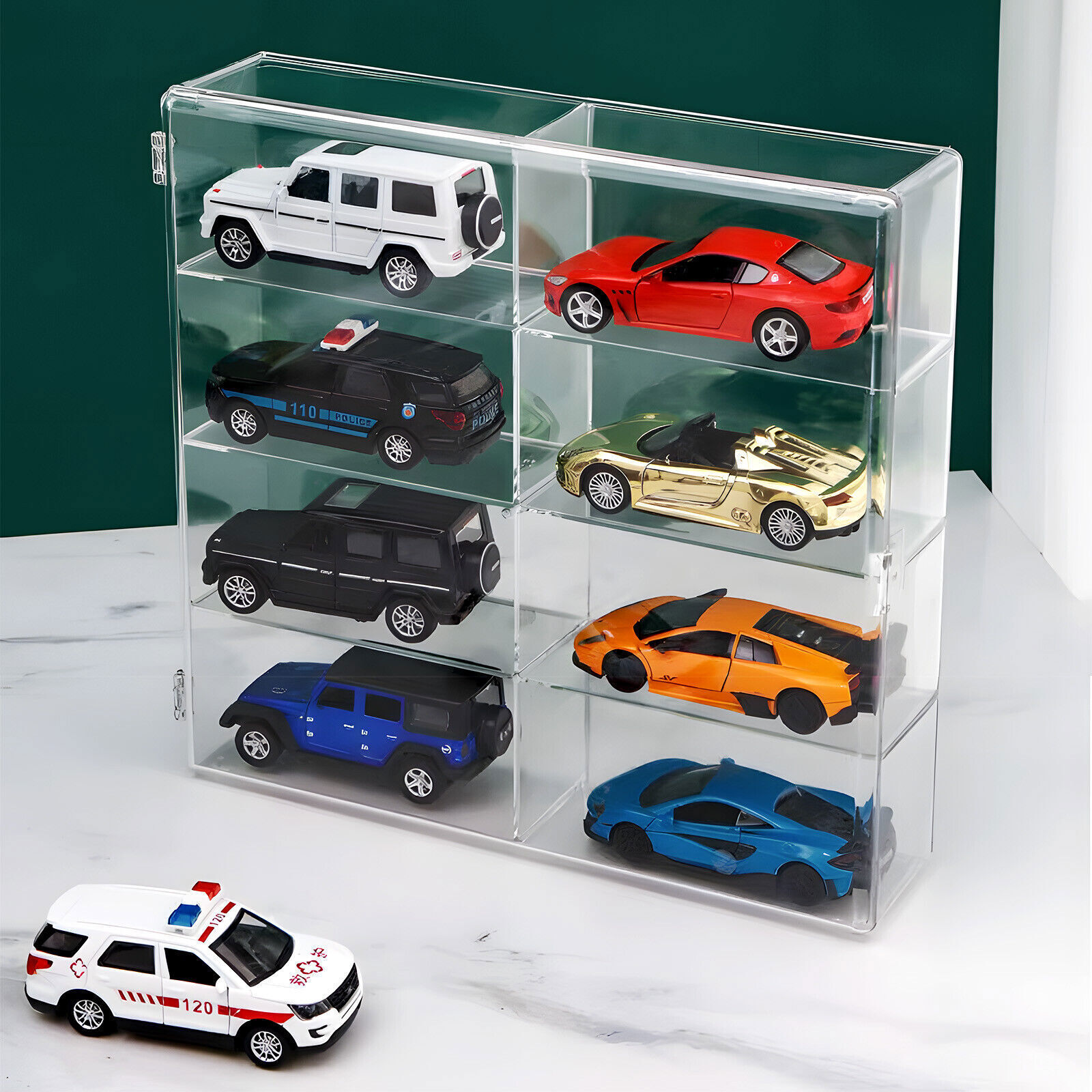 Model Car Diecast Display Case 1:64 Scale 8 Car Compartment with Locking Latch