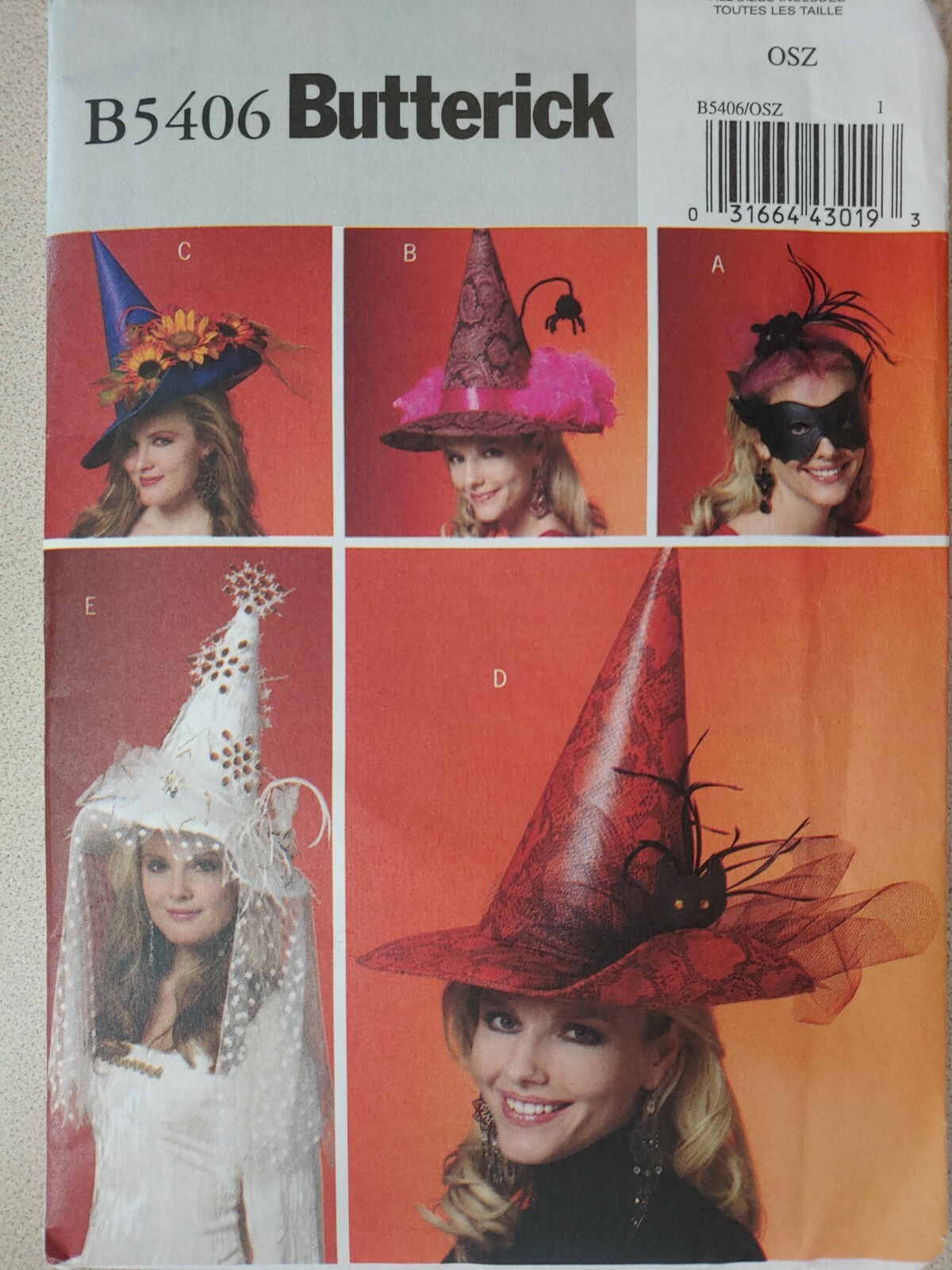 Butterick B5406 Misses' Halloween Costume Witch Hats Masks One Size