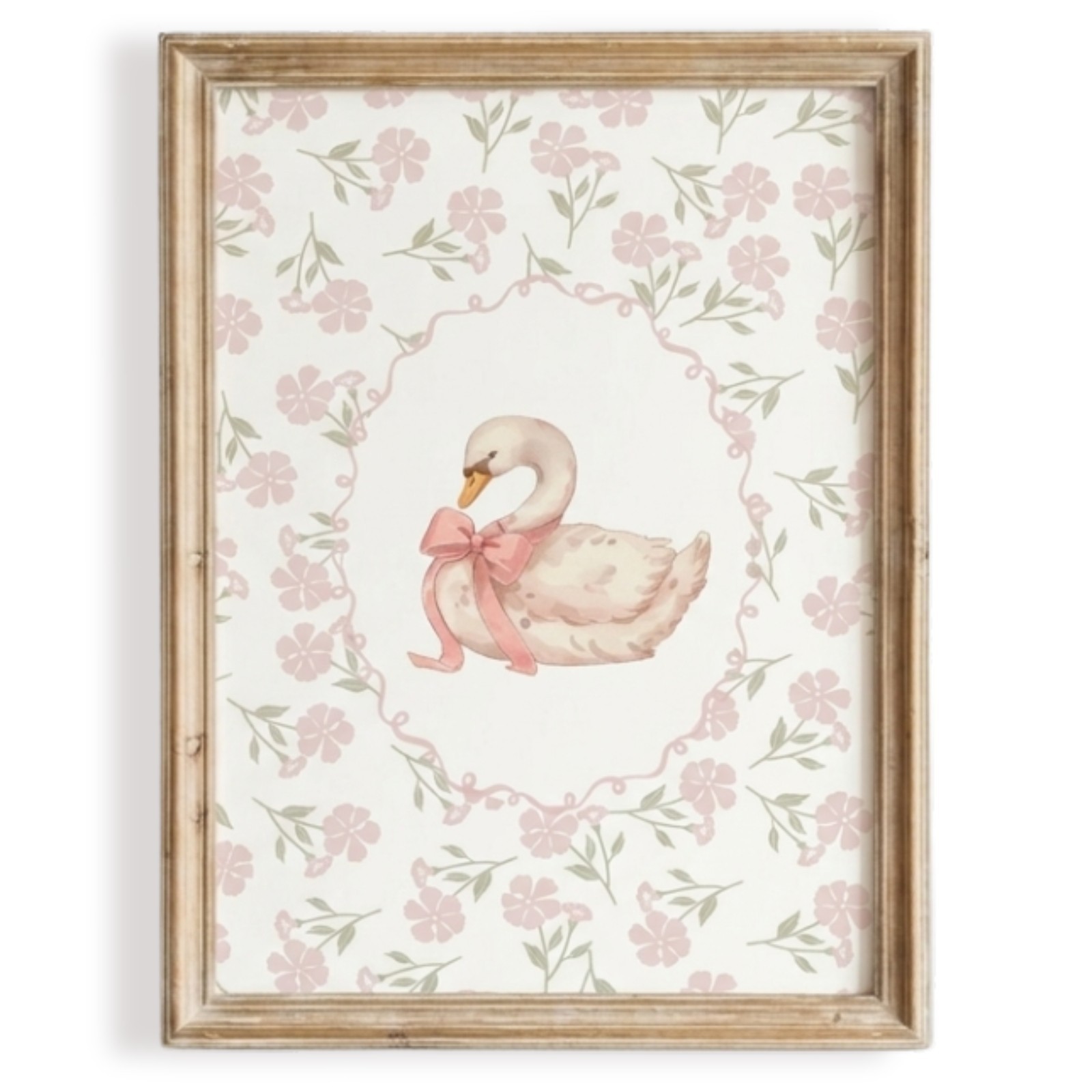 Vintage Swan Nursery Wall Art Printable Baby Girl Room Decor Pink Floral Swan