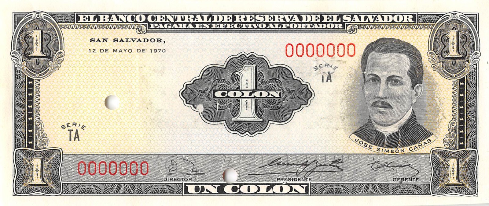 EL Salvador  1 Colon 12.5.1970 Specimen W/O Overprint  Uncirculated Banknote JJM