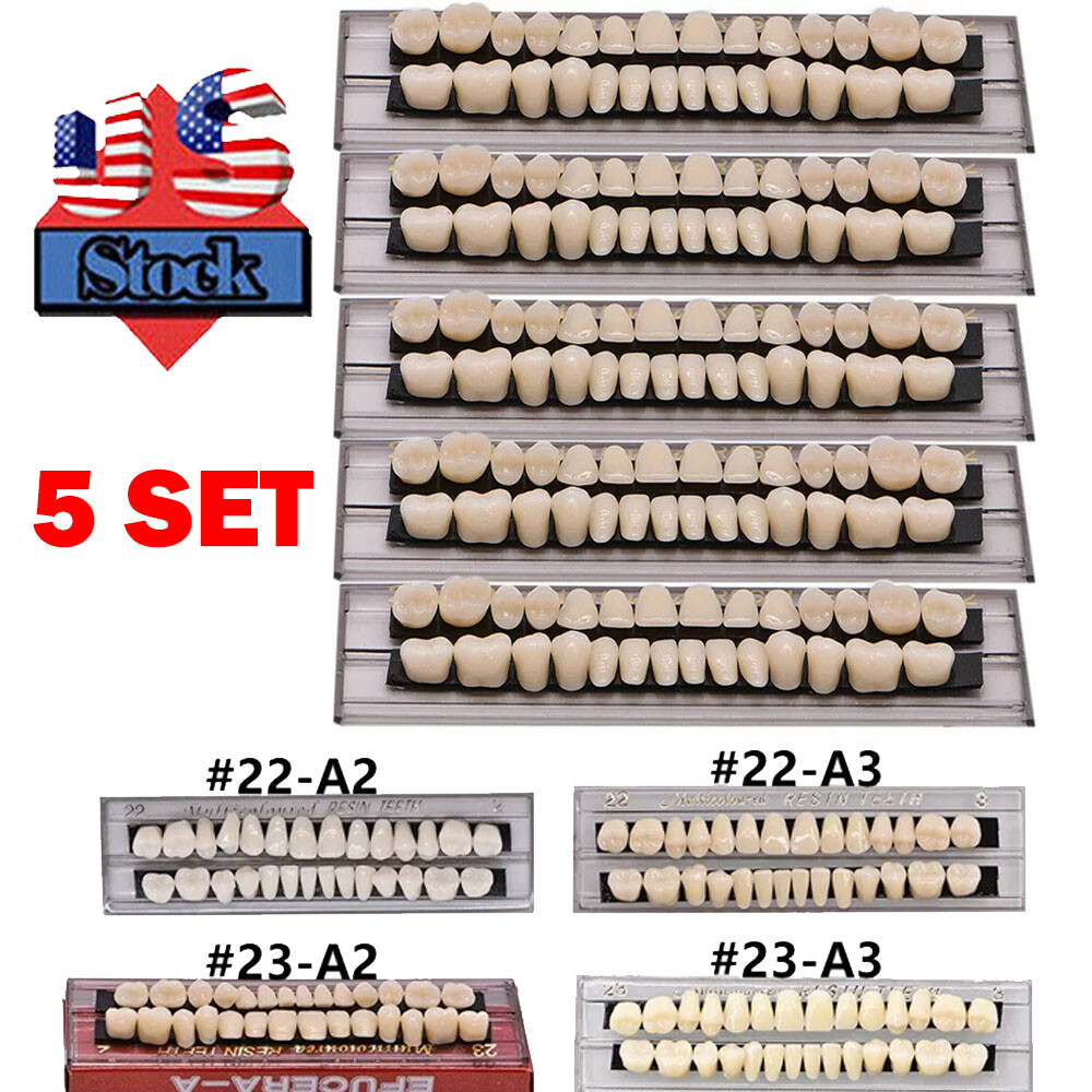 5 Sets Dental Acrylic Resin Denture A2 A3 Shade False Teeth Full Set Upper Lower