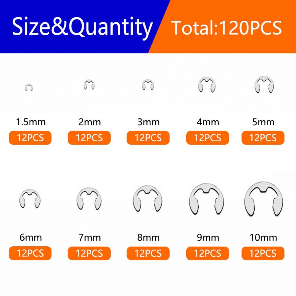 120pc Retaining Ring Assortment Stainless Steel E-Clips Washers M1.5-M10
