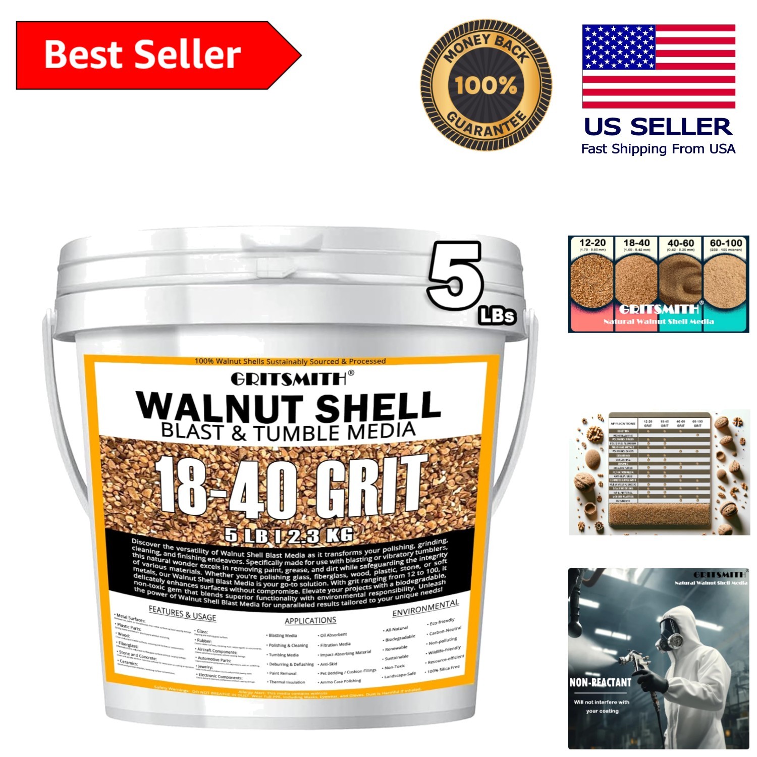 18-40 Grit Crushed Walnut Shells - 5 LBS for Effective Cleaning and Blasting