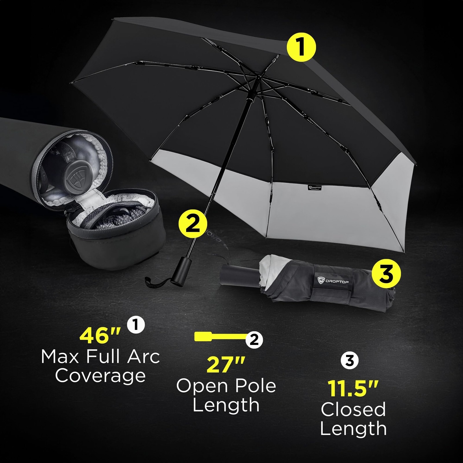 Travel Umbrella 46" Windproof Compact with Case & Strap - Portable for Active