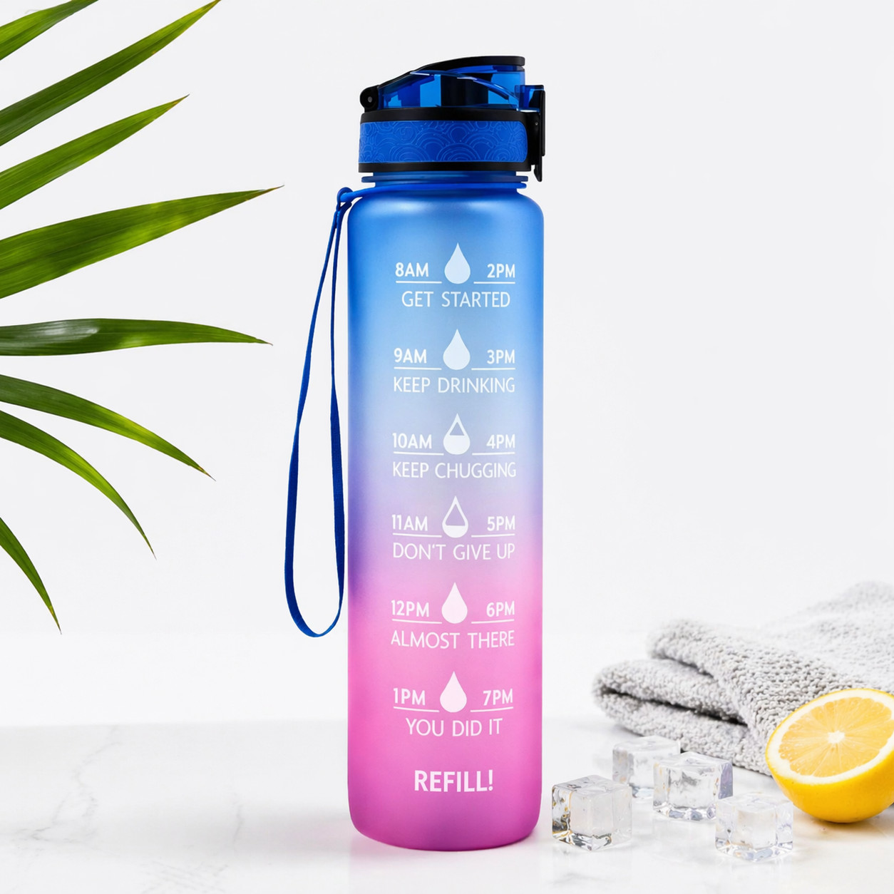 1L / 32Oz Motivational Time Marker Water Bottle – Leakproof Sport Tumbler Blue