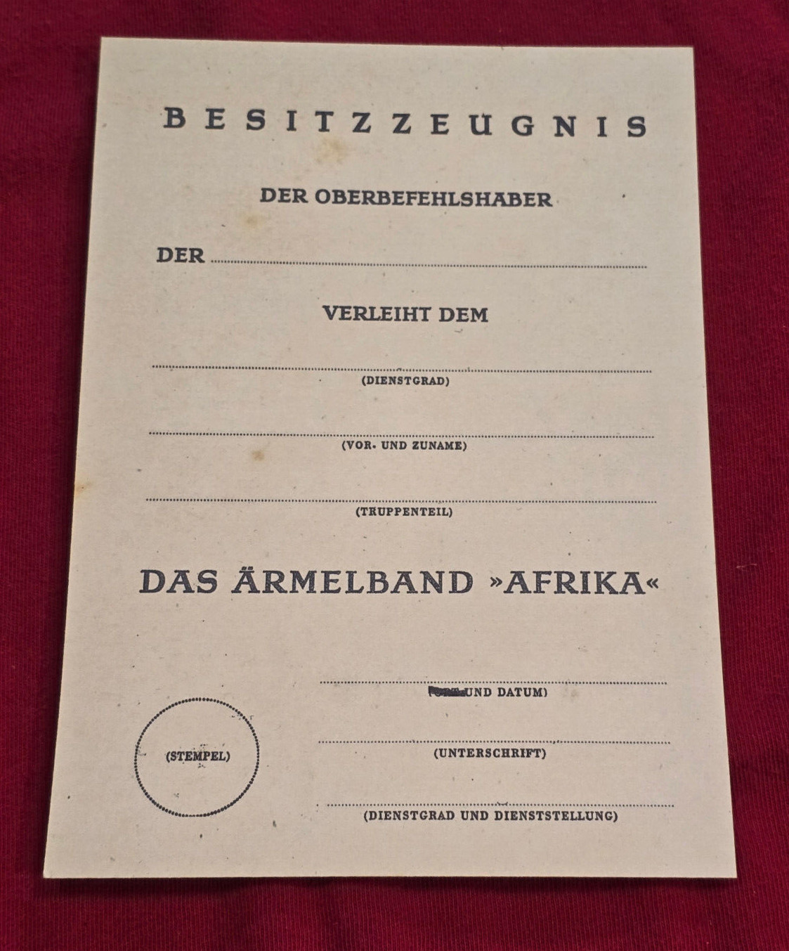 WW2 WWII German DAK AFRIKA KORPS ARMBAND award document certificate