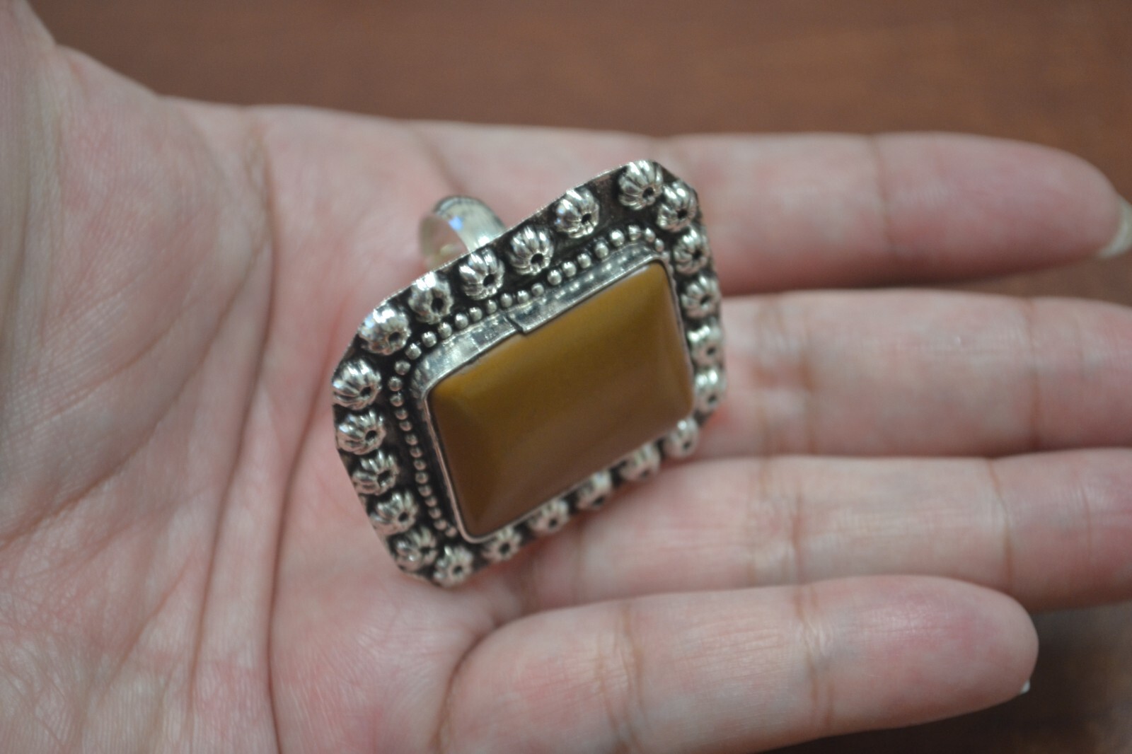 BROWN AGATE STONE SILVER PLATED COLOR RINGS ADJUSTABLE SIZE #T-41B