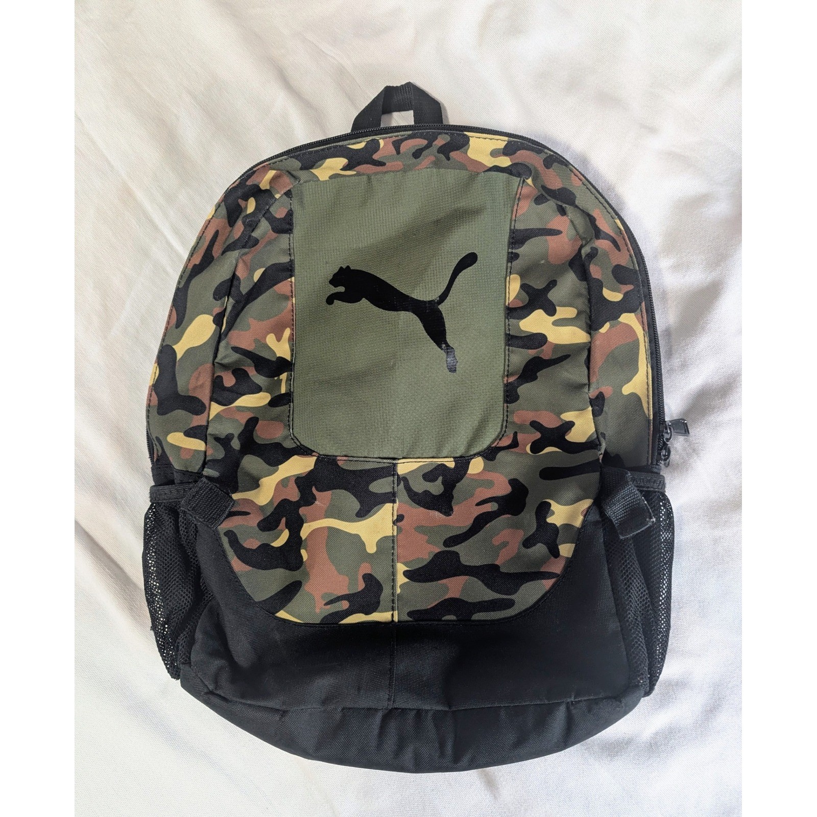 PUMA Camo Backpack Green Camouflage School Travel Bookbag Dual Water Bottle Mesh