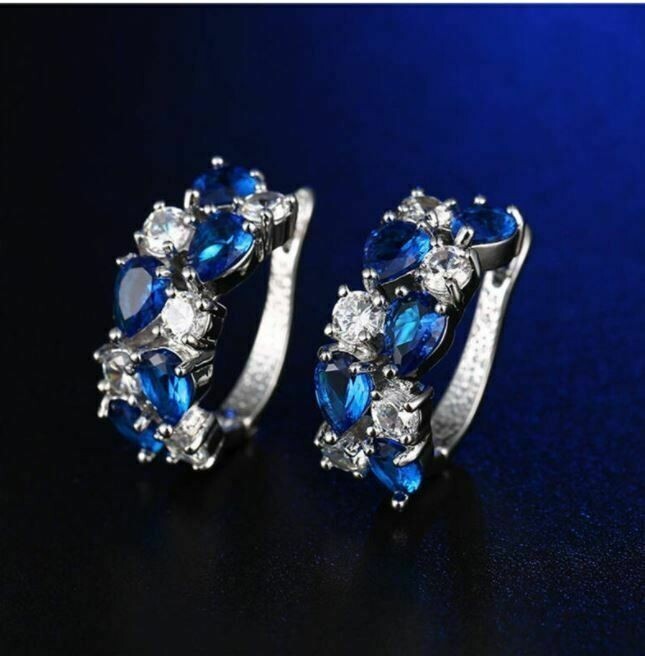 4Ct pear Cut Lab Created 14K White Gold Plated Blue Sapphire Cluster Earring