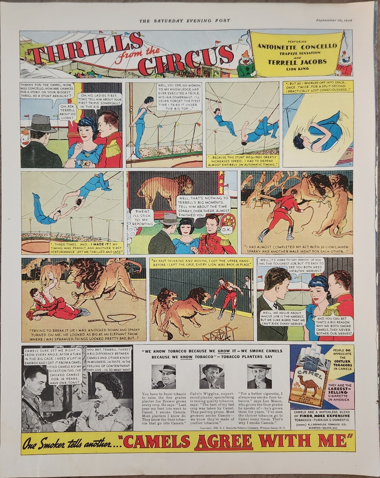 1938 Camel Cigarettes Vintage Ad Thrills from the Circus Flips and Lions