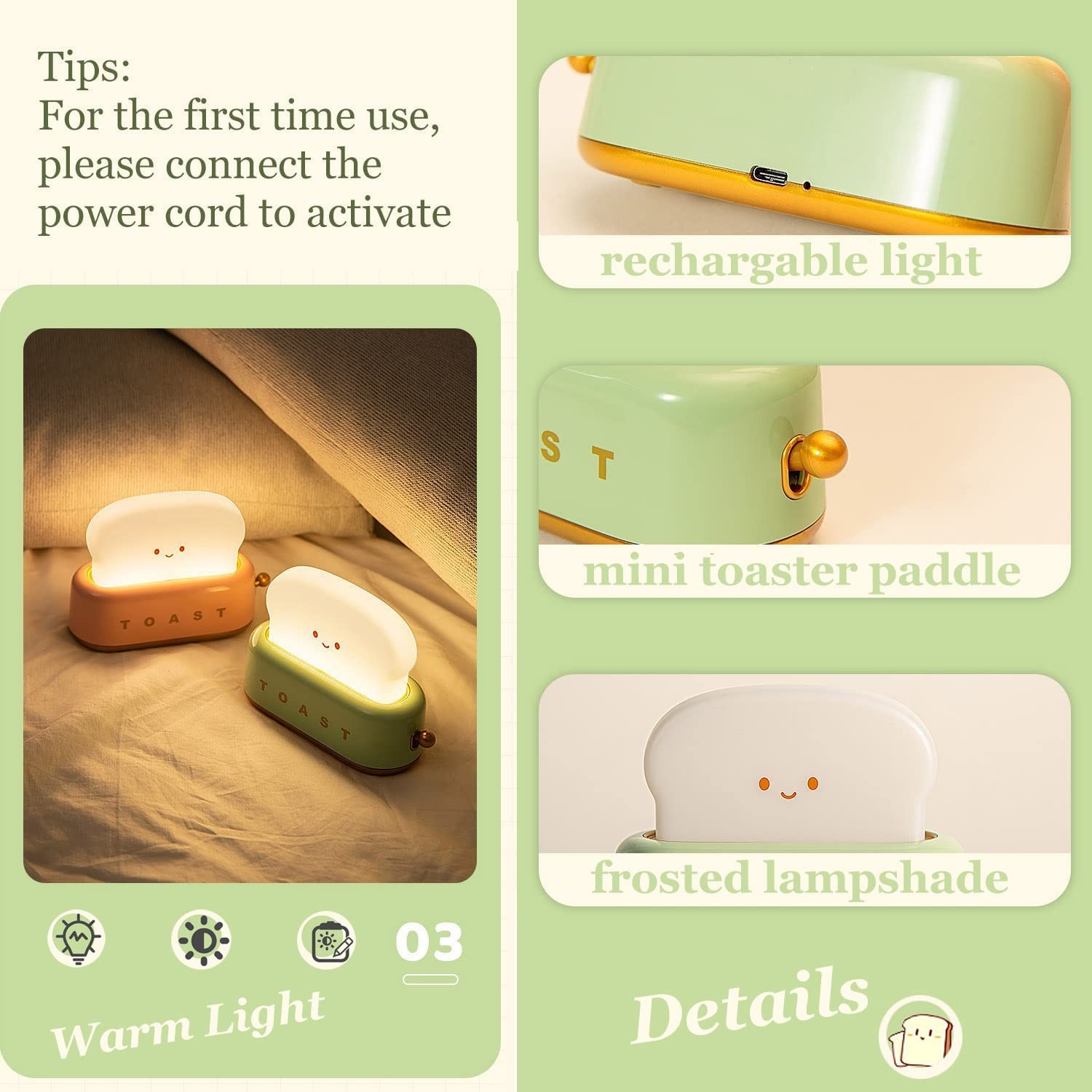 Cute Toast Night Light LED Dimmable Bread Light with Timer Sleep Lamp for Bed