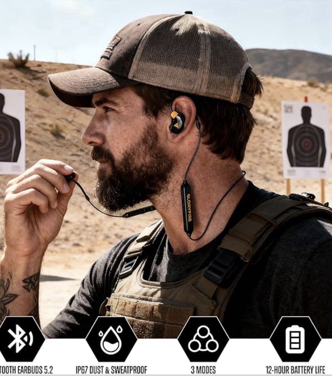 GLORYFIRE Electronic Bluetooth 5.2 Earbuds Black/Orange 26dB NRR