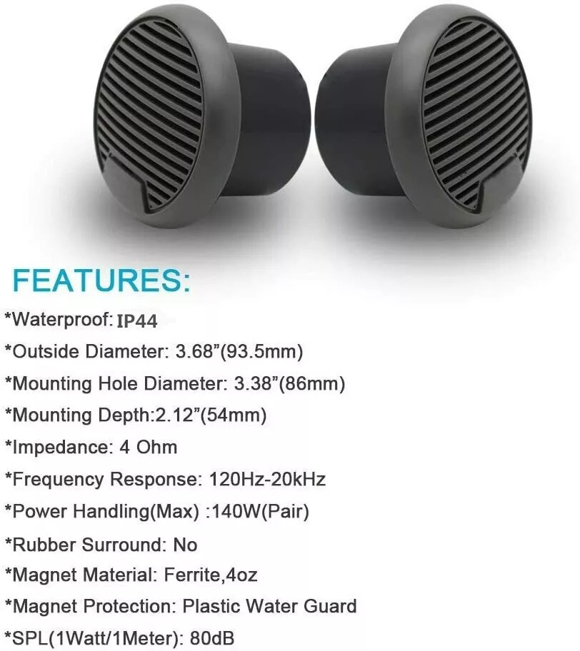 Herdio 2 Pack 3" Marine Coaxial Speakers 140W Waterproof for Boat UTV Motorcycle