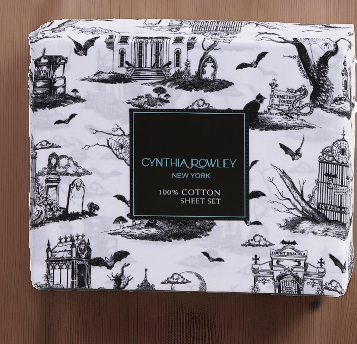Cynthia Rowley Haunted House King Sheet Set Black Ghost Viral 4Pc Cotton