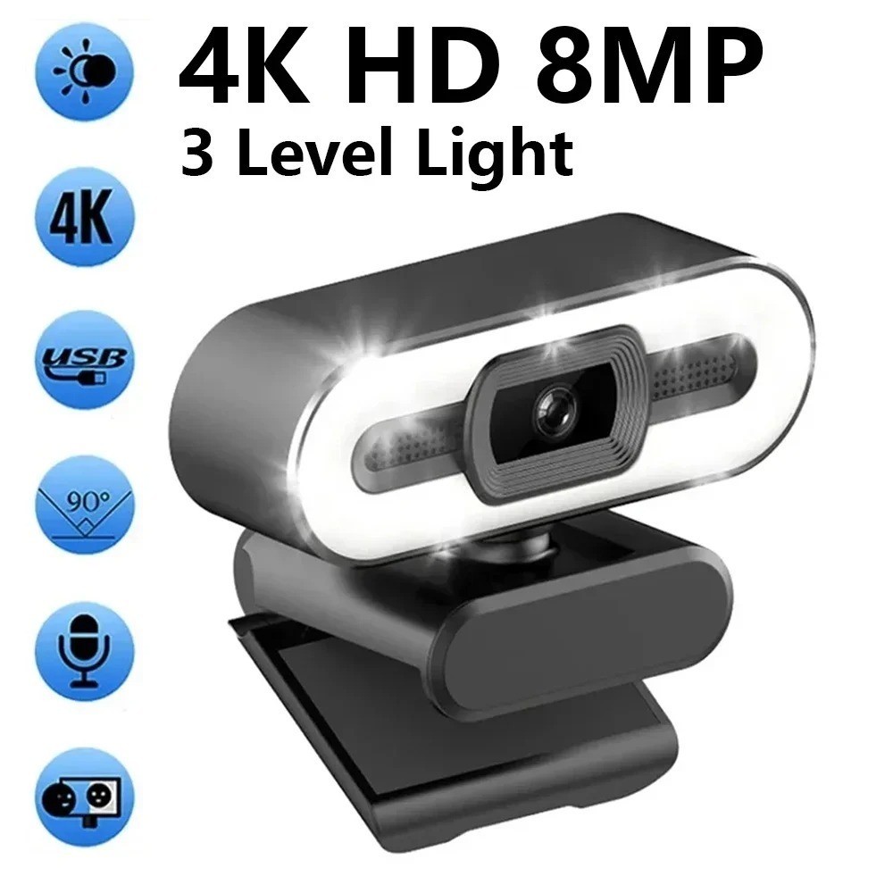 4K USB Webcam Auto Focus HD Camera w/Mic & LED Light for PC Laptop Stream