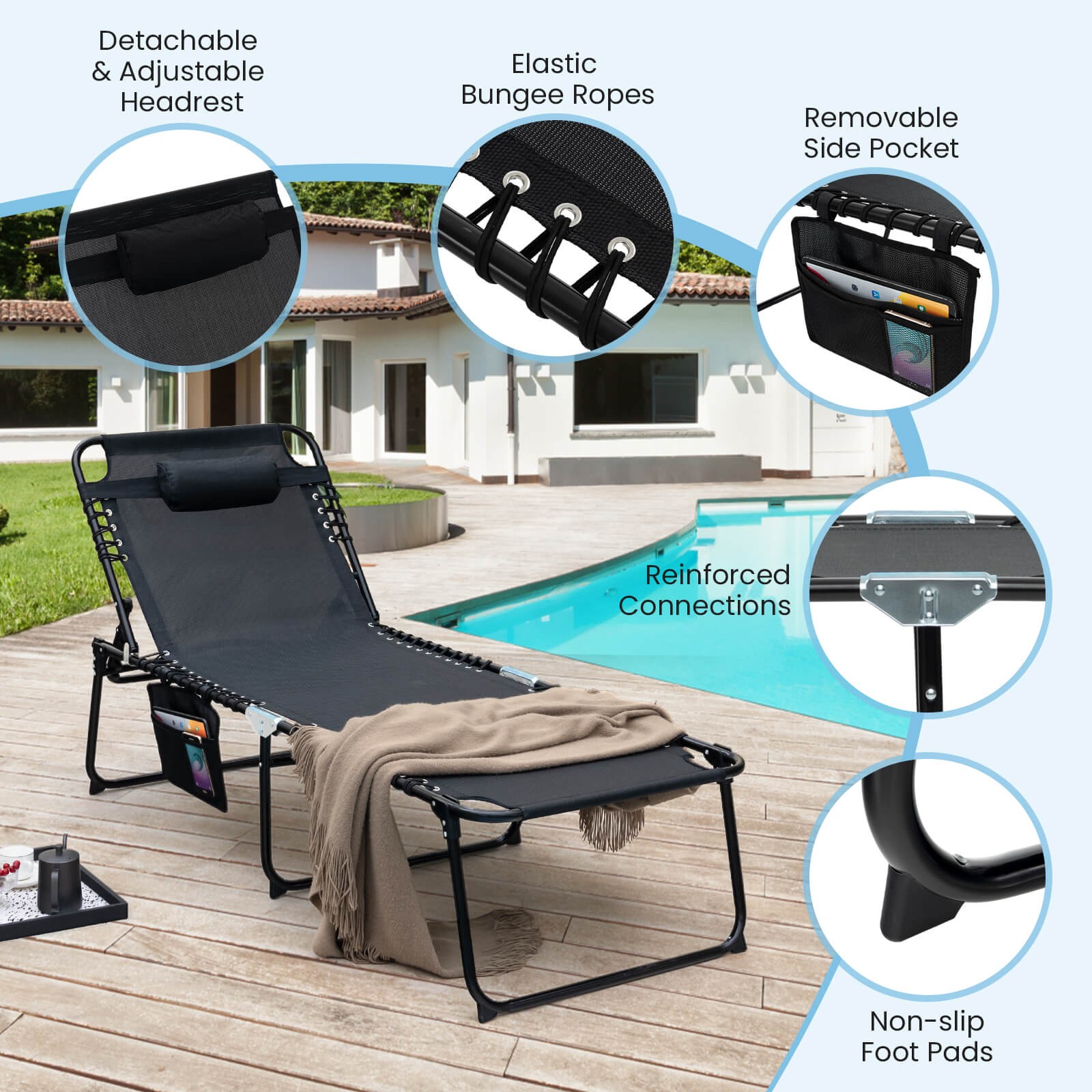 Oversize Folding Chaise Lounge w/ Adjustable Backrest Detachable Pillow & Pocket