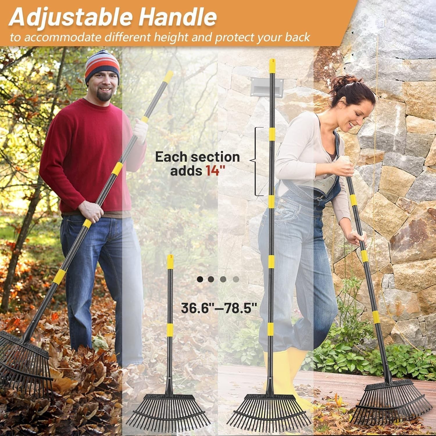 Heavy-Duty Leaf Rake with Adjustable 6ft Handle - 8.5