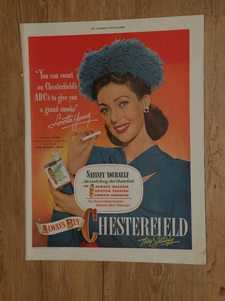 Magazine Ad* - 1948 - Chesterfield Cigarettes - Loretta Young