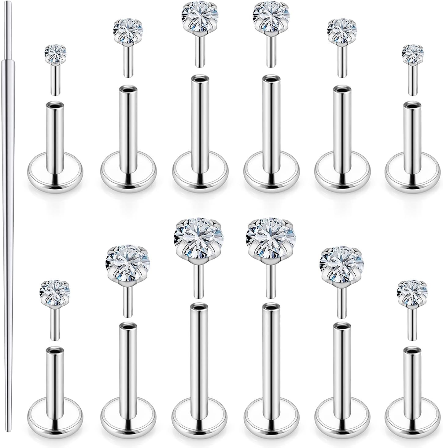 24Pcs 20G 18G 16G Cubic Zirconia Nose Studs 316L Surgical Steel Hypoallergenic