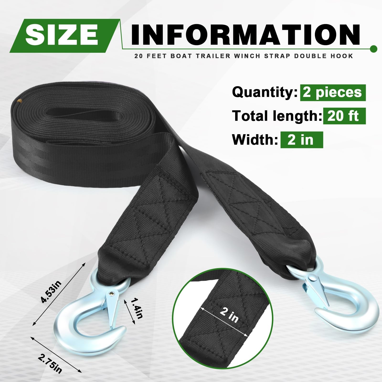 Bememo 2 Pack 2"x20' Boat Trailer Winch Strap w/ Double Hook 9642019
