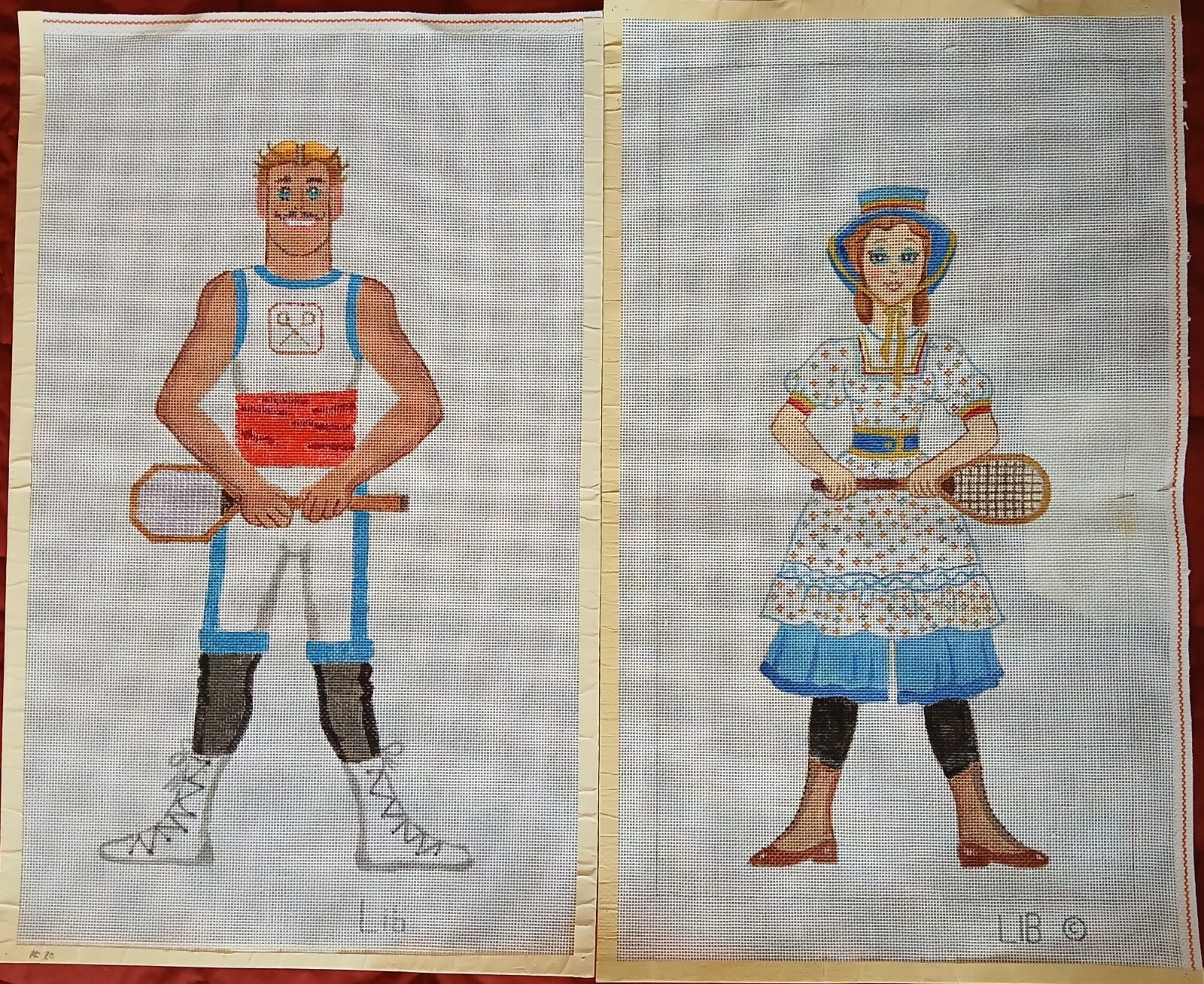 Vintage Man Woman Tennis Players Large Hand Painted Needlepoint Canvas