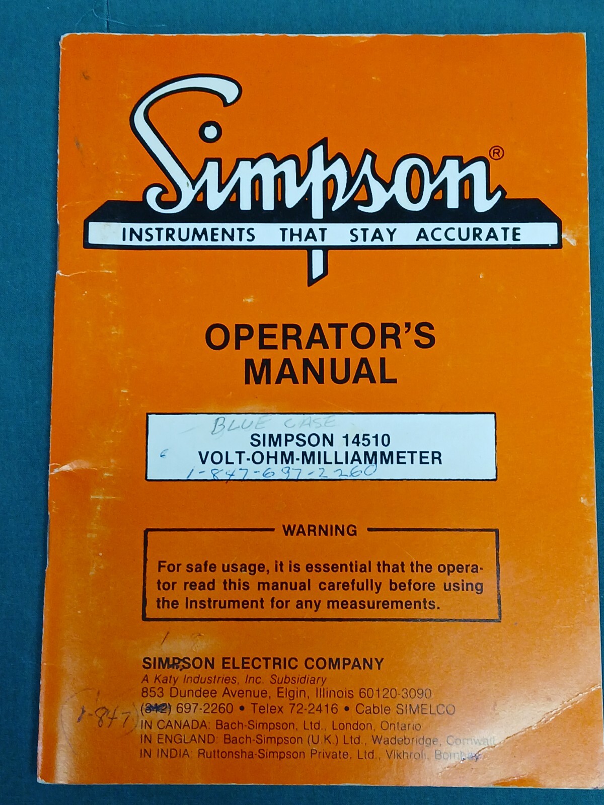 SIMPSON  OPERATORS MANUAL Simpson 14510  Volt OHM Milliammeter