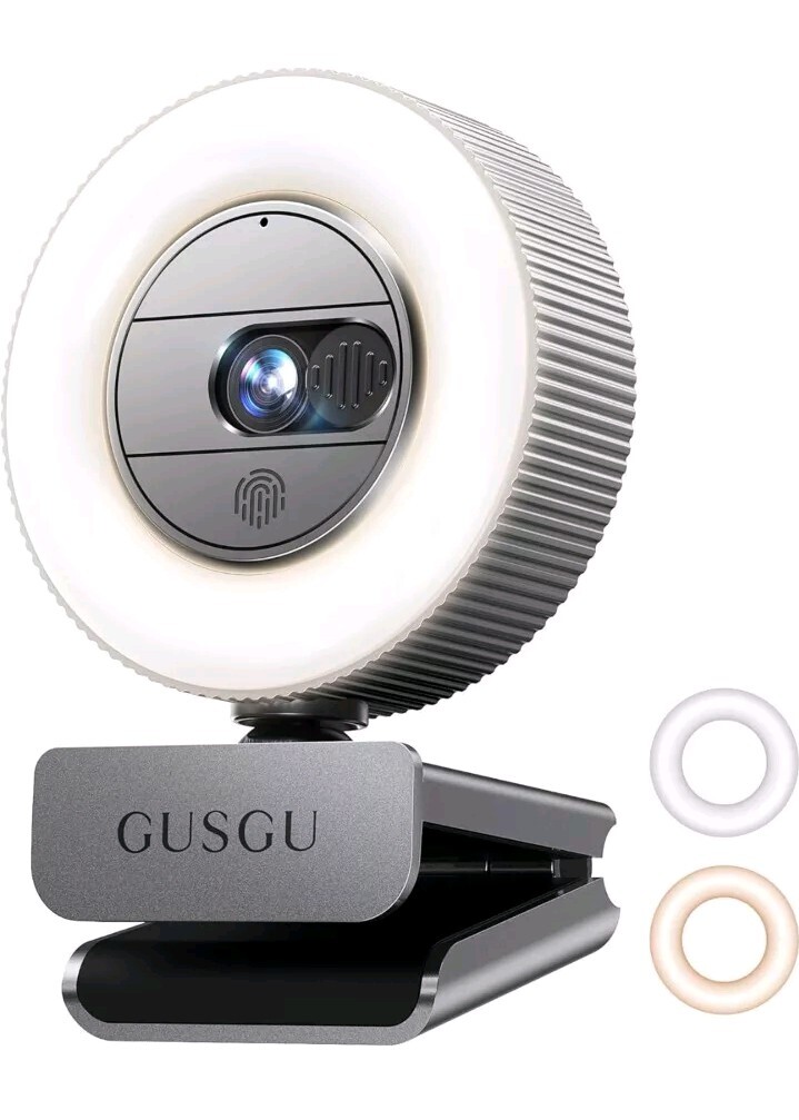 GUSGU G910 2K QHD Webcam W/ Microphone, Ring Light, Privacy Cover - New, Sealed