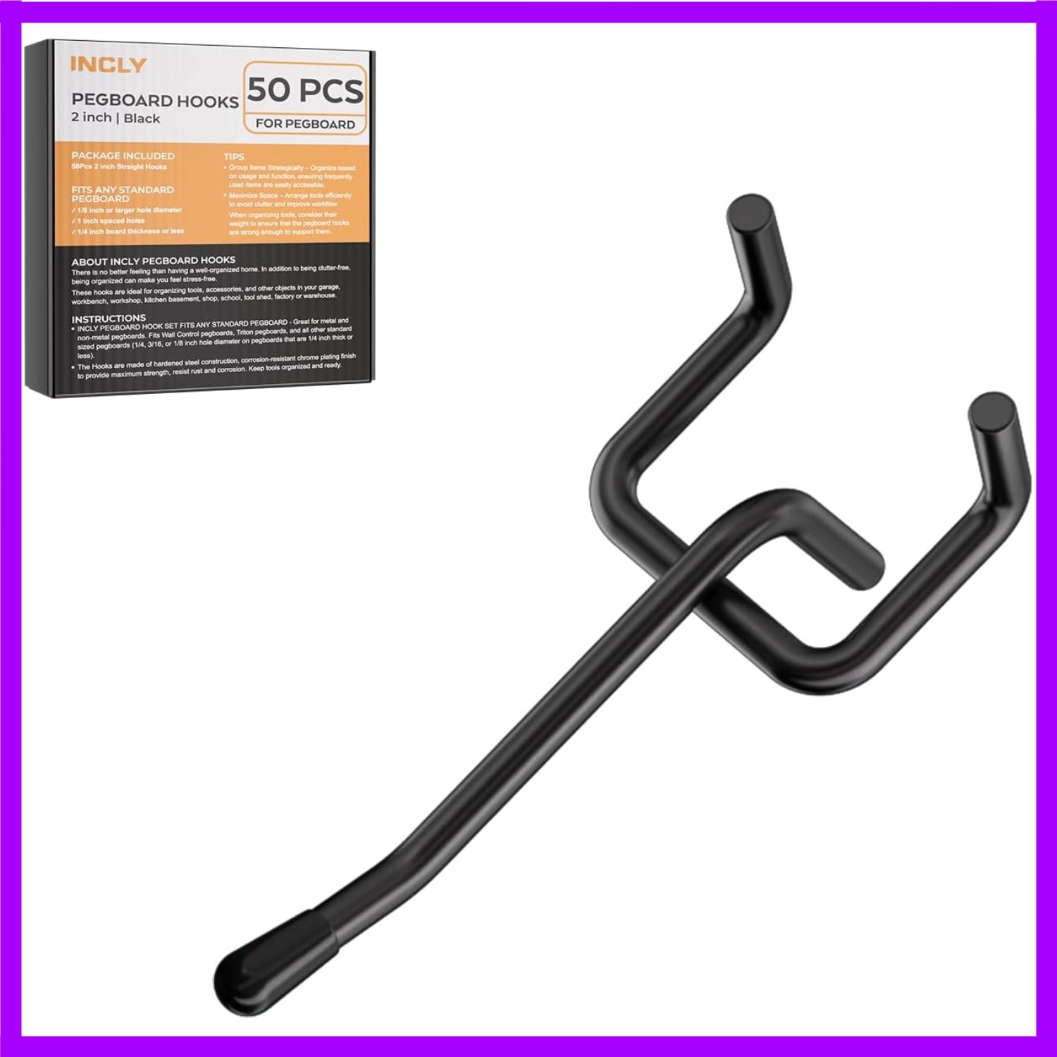 Organize with 50 Black Pegboard Hooks - 2 Inch Rust Resistant Tool Holders