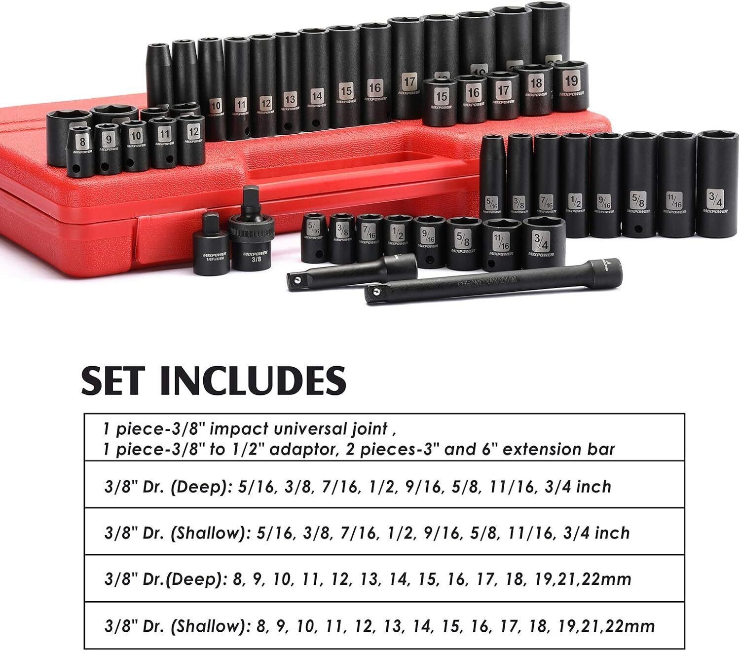 3/8"Drive Deep Impact Socket Set 48 Piece SAE/Metric 6 Point Mechanic Socket Set