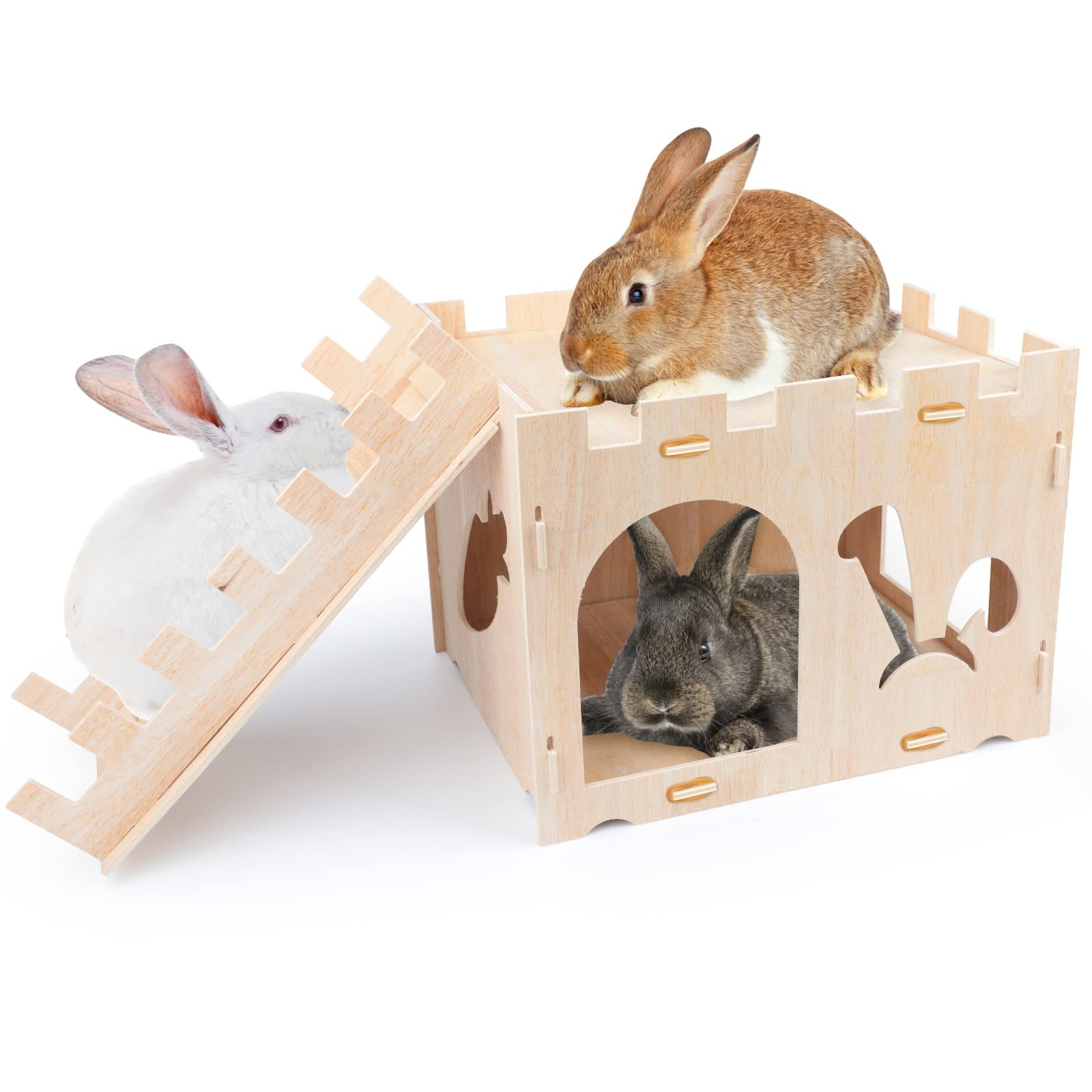 BWOGUE Extra Large Wooden Rabbit Castle Bunny House Hideout Detachable